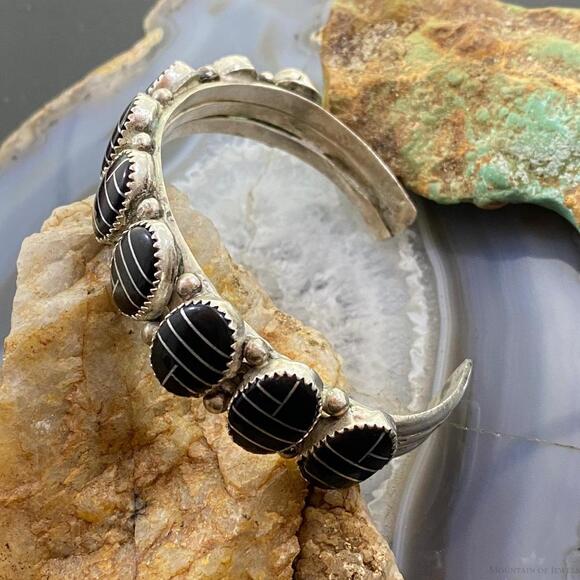 Vintage Native American Sterling Silver Channel Inlay Oval Onyx Bracelet - Picture 6 of 10